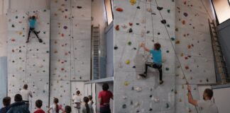 АК ,,Скала“ од Струмица постави вештачка карпа од 9 метри со 10 насоки за искачување во ООУ „Видое Подгорец“ (фото/видео)