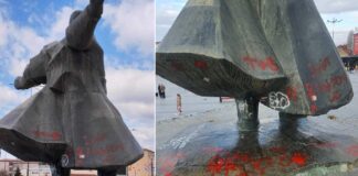 Графити го нагрдија на споменикот Гоце Делчев во центарот на Струмица – полицијата истражува кој го „шарал“