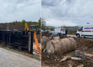 Едно лице почина а седум други се повредени откако камион со приколка се преврте на патот Валандово – Дојран
